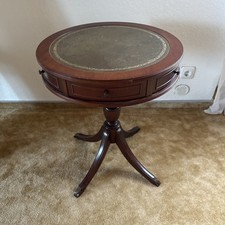 Vintage Alte Spieltisch Trommeltisch Beistelltisch Echt Leder Oberfläche