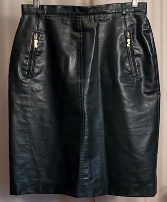 MONDI Vintage Y2K Faux Leather Pencil Skirt Dark Green Gold Logo Accent 40 8 (px