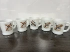 Vintage Set of 5 Fire King Milk Glass Oven Ware Coffee Cup Mugs Duck Goose Pheas