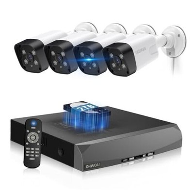 《130°Wide Angle & 2-Way Audio》Outdoor Security Camera System, IP 4 Cameras+2TB