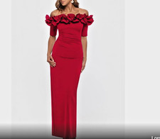 2Petite Xscape gown - Ruffle Off the Shoulder Crepe Column Gown