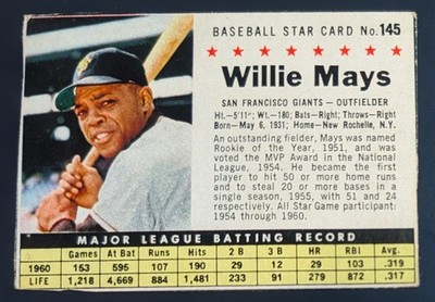 1961 Post #145 Willie Mays HOF (hand cut) San Francisco Giants