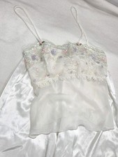Vintage Sears Bridal Pajama Set M White Satin Pants Floral Embroidered Cami Top