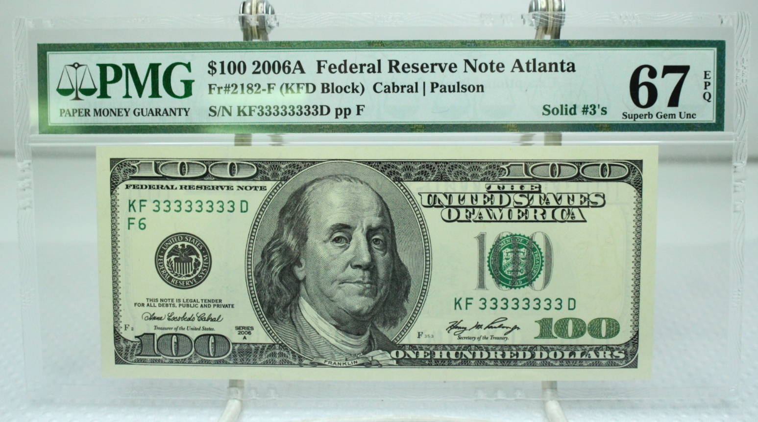 2006A $100 Federal Reserve Note Atlanta Solid 33333333 Number PMG67 EPQ ...