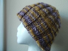 Hand knitted cozy and warm 100 wool hat, lavender/beige/caramel