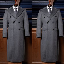 Gray Men's Long Overcoat Double Breasted Peak Lapel Cashmere Outdoor Warm Jacket