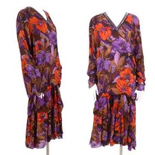 1970s JUDITH ANN vintage silk chiffon creations floral sequins peasant dress S-L