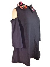 NWT Haoduoyi Black Leather Applique Cold Shoulder Micro Mini Dress/Tunic Sz XS