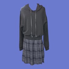 NEW Macy's Sweatshirt Hoodie Dress Schoolgirl Grunge Plaid Skirt Size Large
