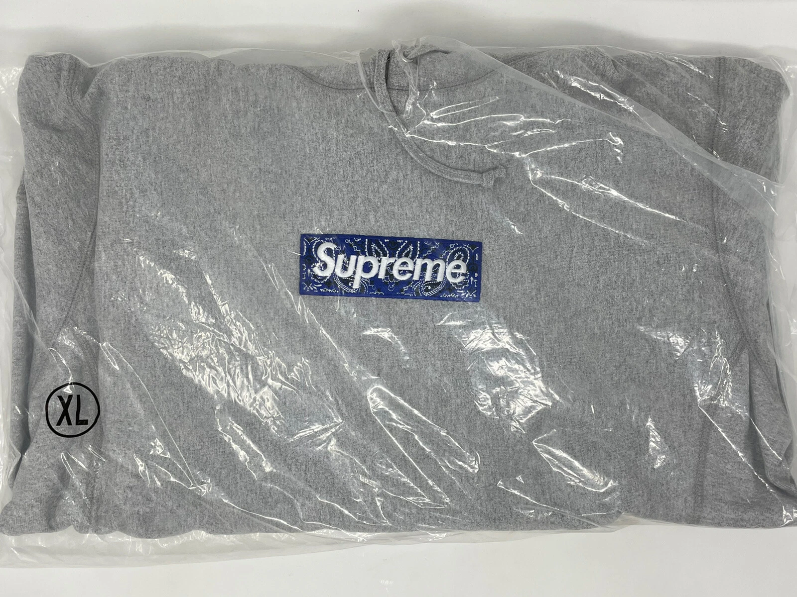 Sweat shirt à capuche logo boîte Supreme Bandana gris bruyère XL FW19 100 % authentique