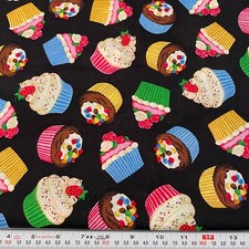 Cranston 2009 Cupcakes on Black Lightweight Cotton Fabric by the Half Yard