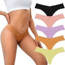 Seamless Thong V-waist Women Wave Edge Small Bow No Show Panties Multi-Pack L