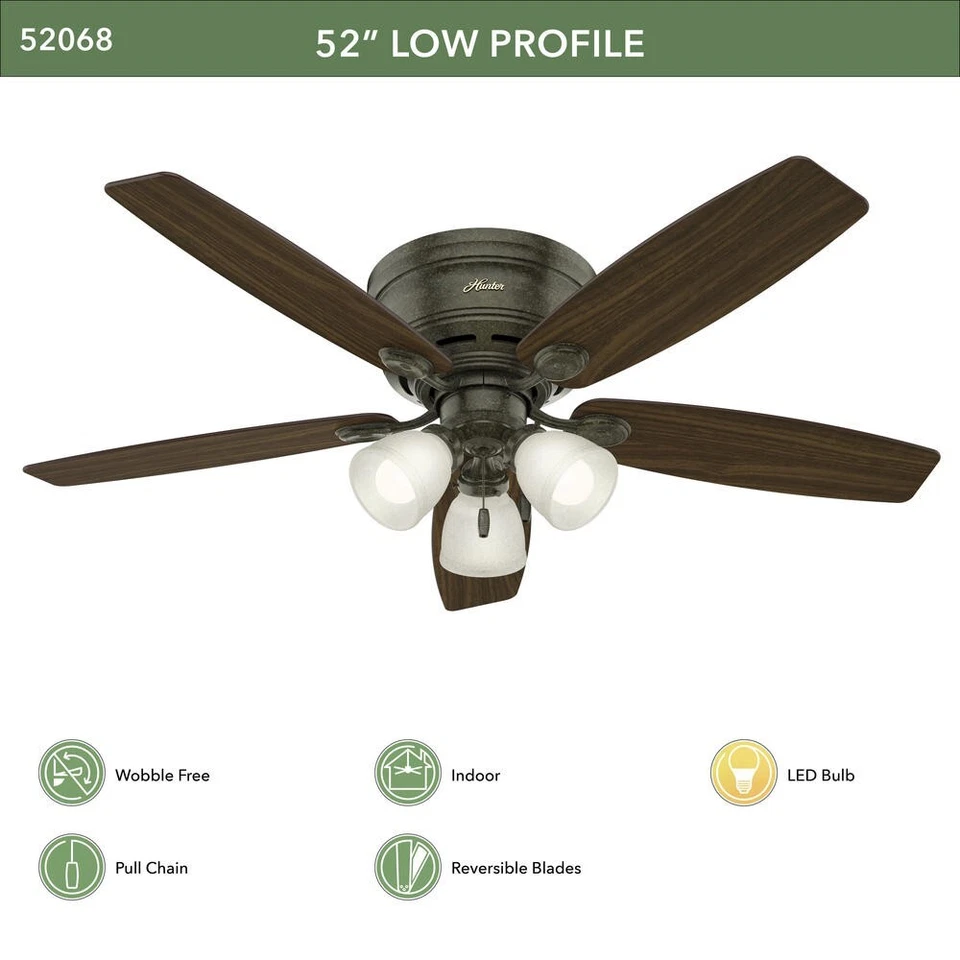 52" Provencal Gold Indoor LED Ceiling Fan White Snowflake Linen Glass Shade - Image 2 of 4