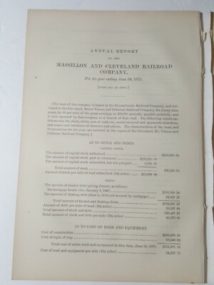 1872 Ohio train document MASSILLON & CLEVELAND RAILROAD annual report Clinton OH