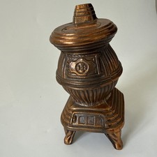 Vtg Figural Copper Plated Pot Belly Stove Bank No Bottom Covering READ