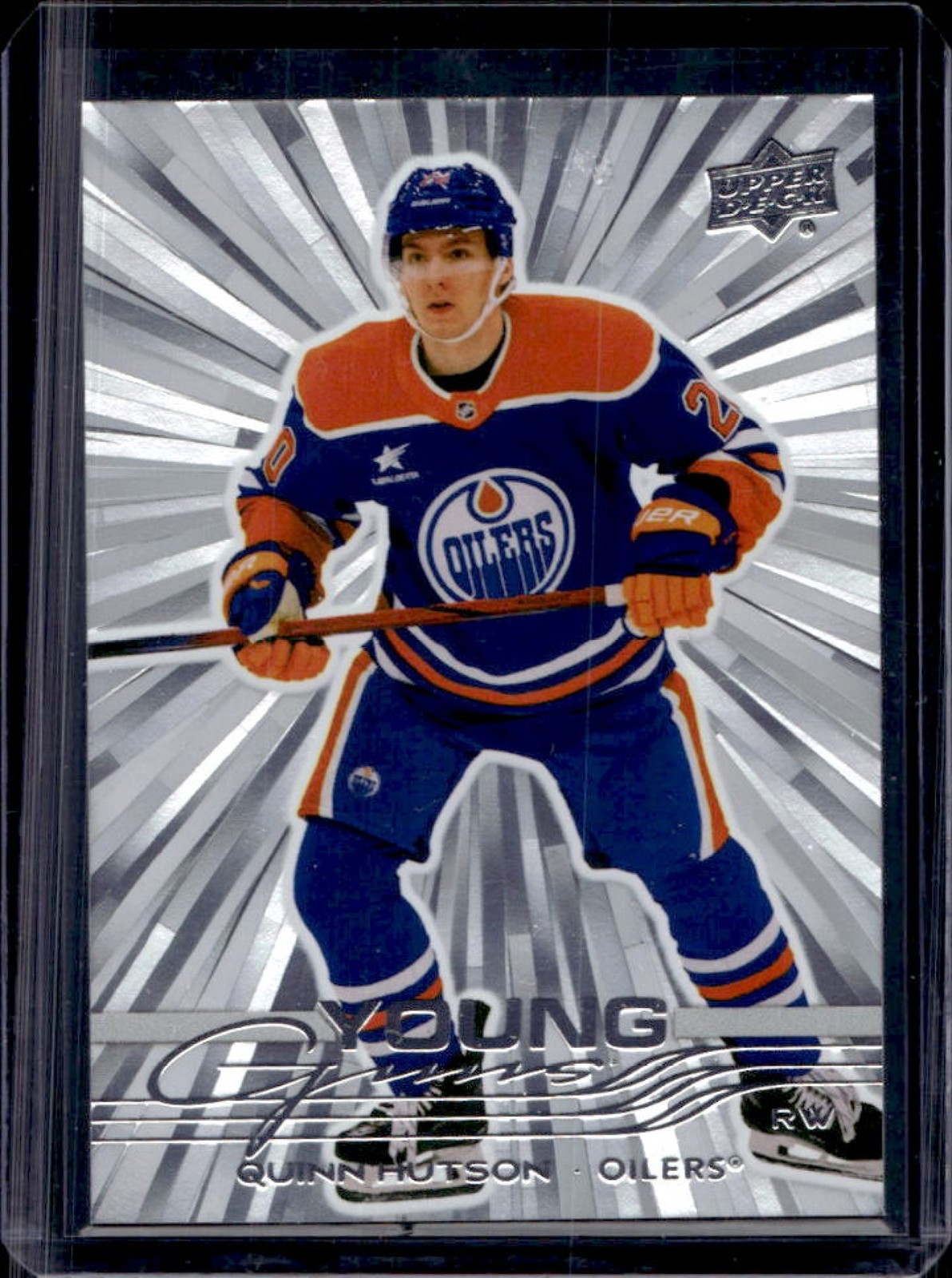 2025 Upper Deck Series 1 Quinn Hutson Outburst Silver Young Guns RC #224 Oilers