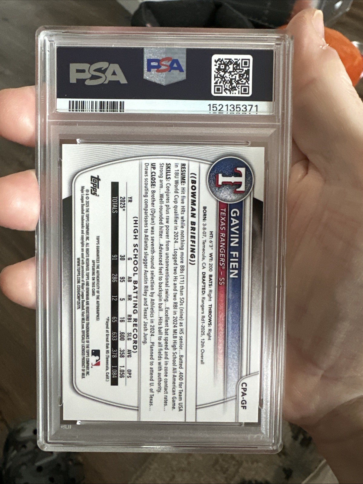 2025 BOWMAN DRAFT #CPA-GF GAVIN FIEN CHROME PROSPECT AUTOGRAPH LOW POP PSA 10