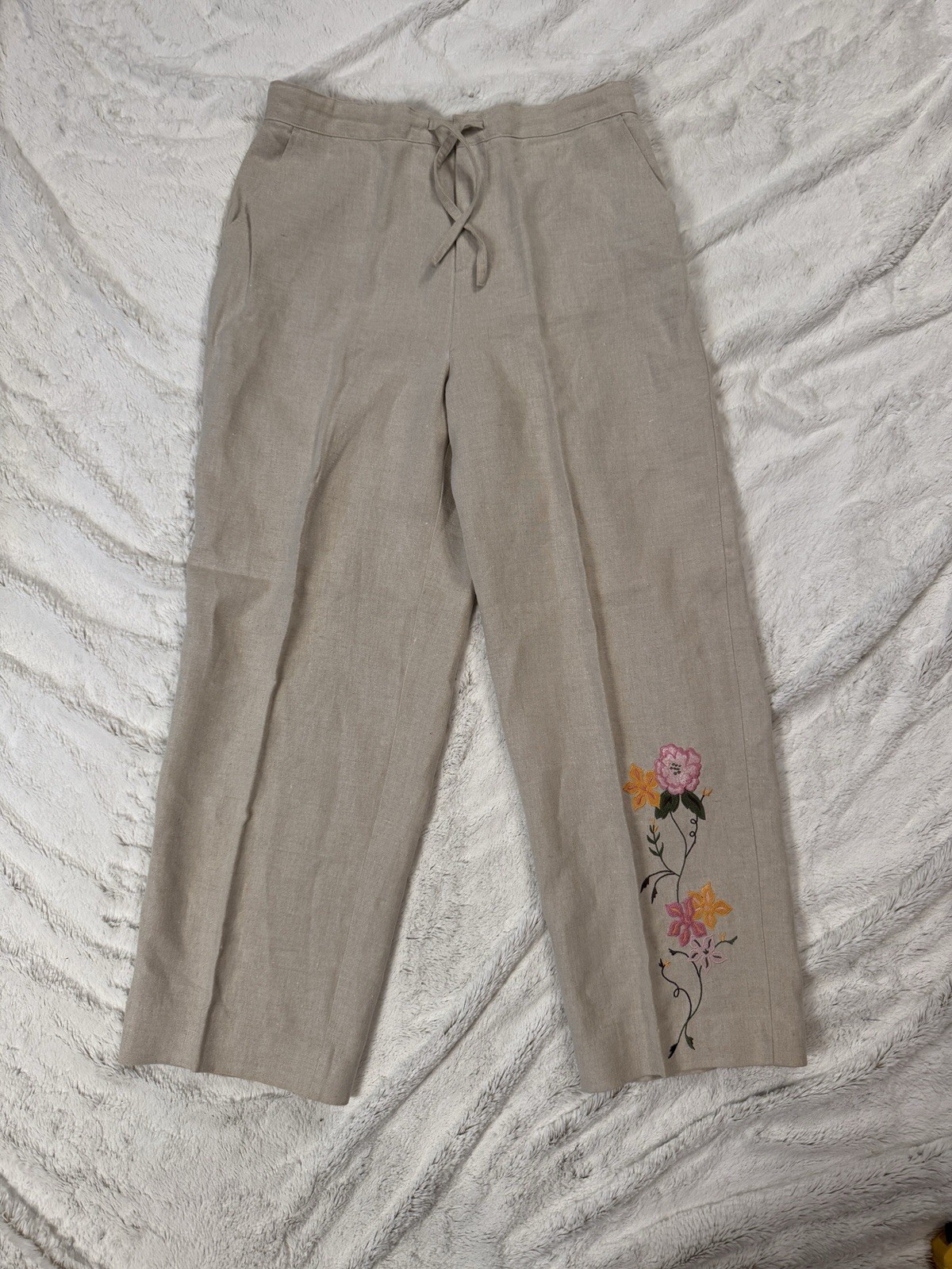 Vintage Relativity Linen Wide Leg Pants Floral Embroidery Womens Size L Beige