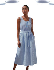 Ex Roman Plus Size Blue Pinstripe Midi Dress Sleeveless Cotton (Slight Defect)