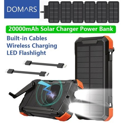Domars Solar Power Bank Waterproof 20000mAh Fast charger USB Battery 6 Panels