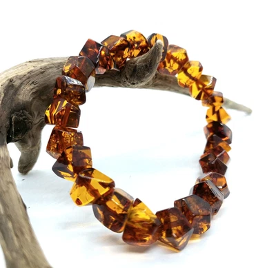 Grand bracelet ambre perles cube cognac élastique extensible cadeau pour elle - Photo 1/4