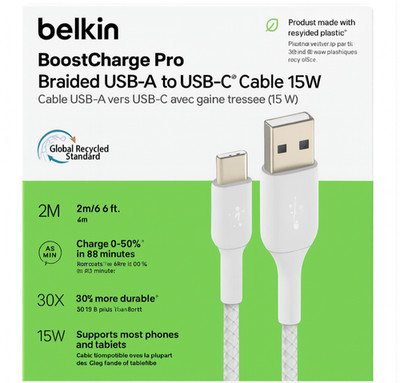 Belkin BoostCharge Pro USB-A to USB-C Braided Cable 6.6ft 2M White NEW