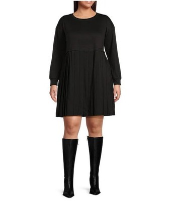 MOA MOA Plus Size 3X Black Long Sleeve Pleated-Skirt Fit & Flare Dress Knee NEW