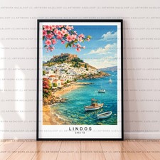 Lindos Rhodes Greece Unframed Illustration Art Print With White Cliffside Homes