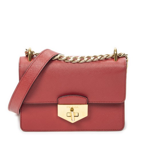 Prada Red Turn Lock Chain Flap Shoulder Bag Saffiano Leather
