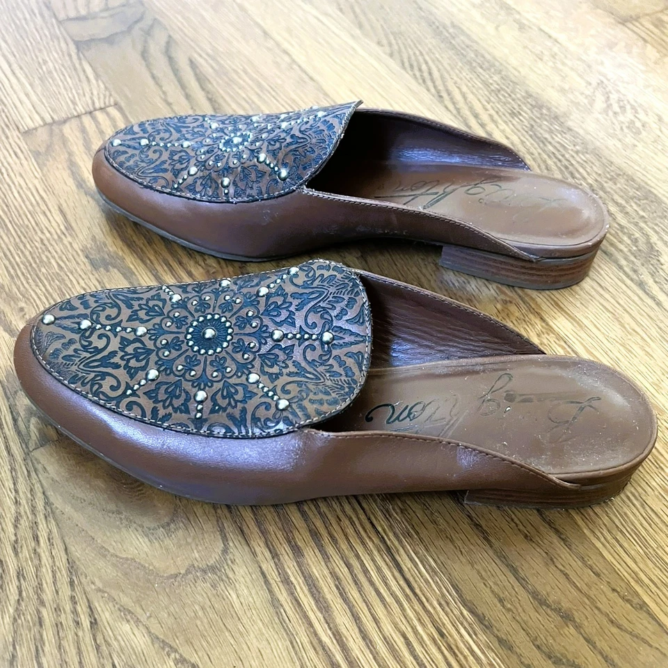 Brighton Feminino Tamanho 7.5 M Ícone Bagagem Vacchetta Laser Couro Marrom Sapatos Mules - Imagem 2 de 4