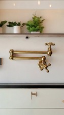 Handcrafted Unlacquered Brass Pot Filler Kitchen Faucet with Cross Handle,