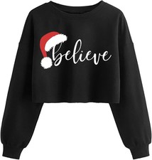 KNBUO Women's Believe Christmas Crop Sweatshirt Small, 03a-black-believe