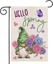 Hello Spring Garden Flag for Outside 12x18 Inch, Gnomes with Hydrangeas