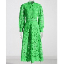 Womens Mock Neck Lace Cutout Puff Sleeve Flared Fashion Evening Party Dress