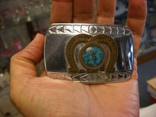 Vtg Western Americana Cowboy Style Belt Buckle Horseshoe Turquoise color stone