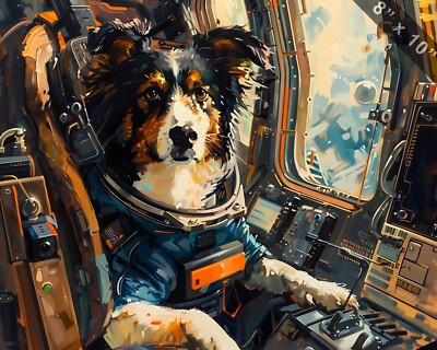 Australian Shepherd with mechanical suit in a space stat 8x10 Print