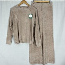 Womens Chenille 2pcs Crew Neck Top Wide Leg Bottoms Ladies Co-ord Loungewear Set