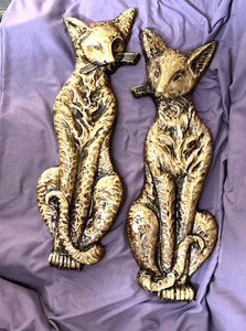 Pair of Siamese Cats Glazed Plaster Wall Plaques Handmade 23" Tall Kittens