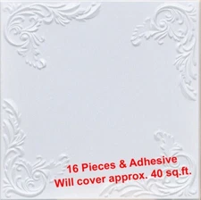 Ceiling Tiles Glue Up 20" x 20" MARSEILLE White, 16 PIECES & 1 ADHESIVE