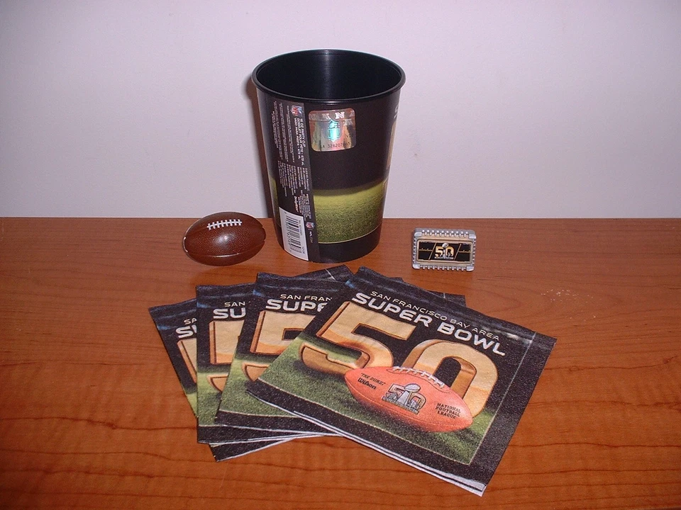 NOS SUPER BOWL 50 DENVER BRONCOS BALTIMORE RAVENS CUP RINGS GUARDANAPOS NFL LICENCIADO - Imagem 3 de 4