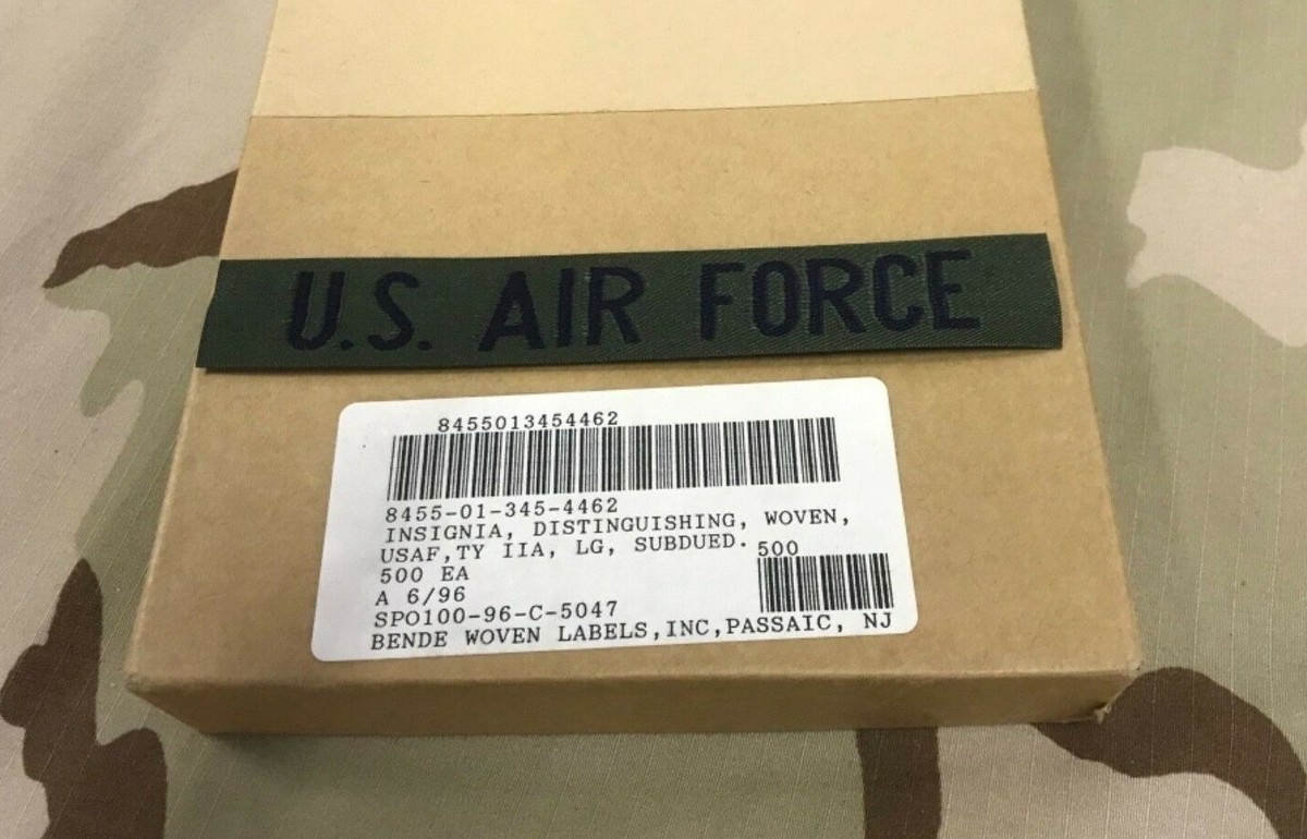 US AIR FORCE TAPE NAME TAG USAF NYLON WOVEN BLUE ON GREEN NSN 8455