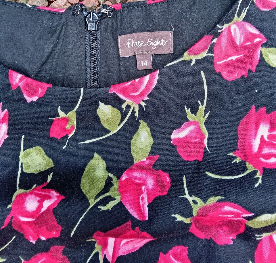 Phase Eight Stretch Cotton Dress. Rose Design. Size 14 Very Good Clean