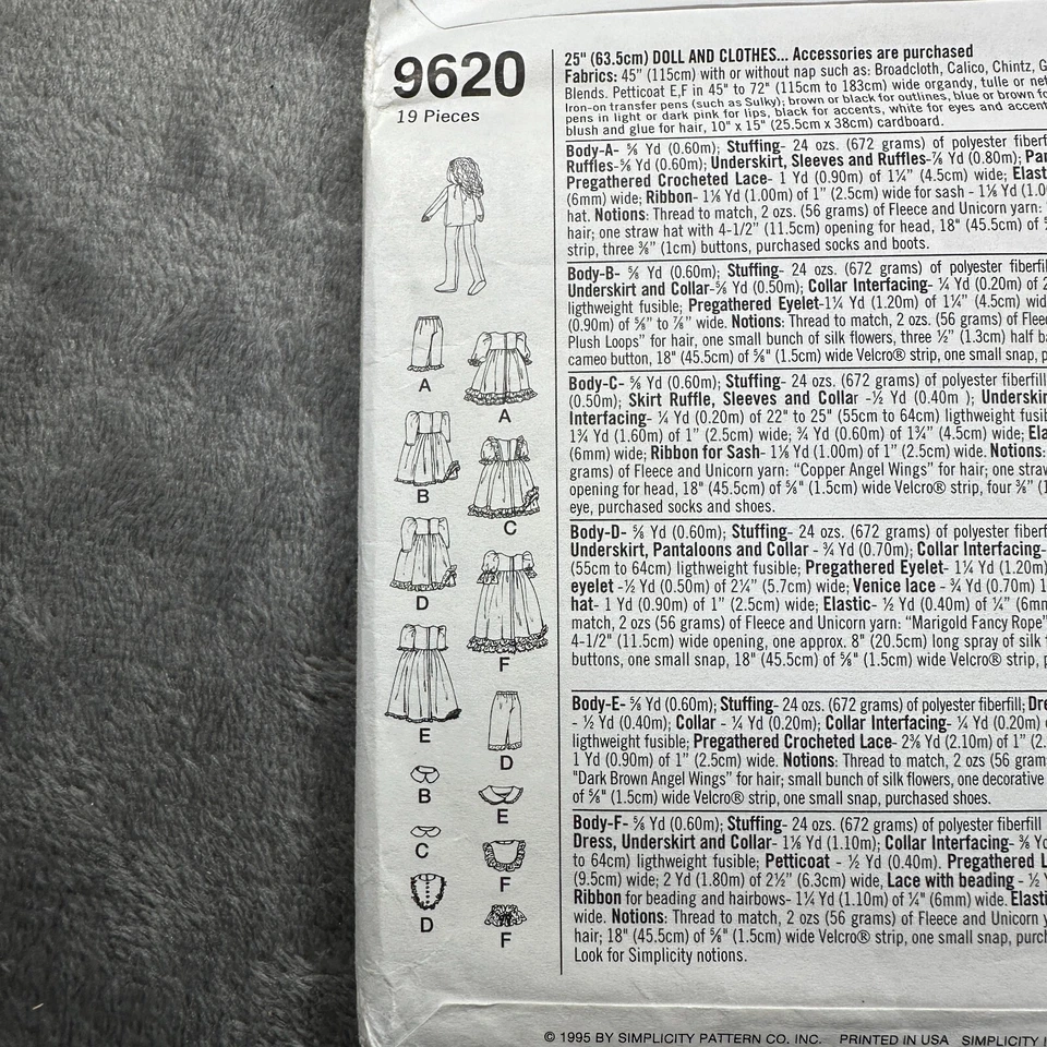 Simplicity Crafts Sewing Pattern 9620 25 Inch Doll And Clothes Dress Set 1995 - Image 4 of 4