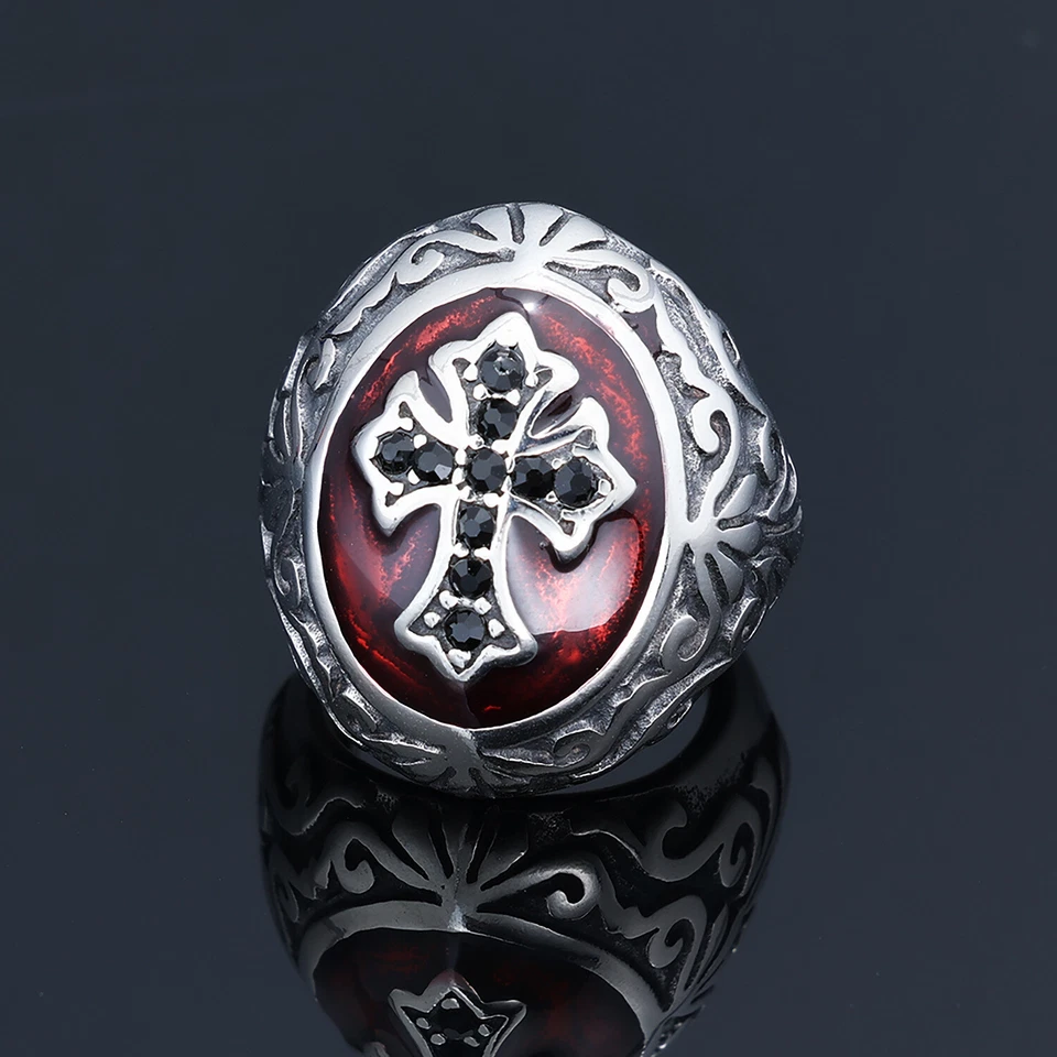 Anillo de piedras preciosas de acero inoxidable para hombre rojo punk personalidad moda plata Foto 2 de 3