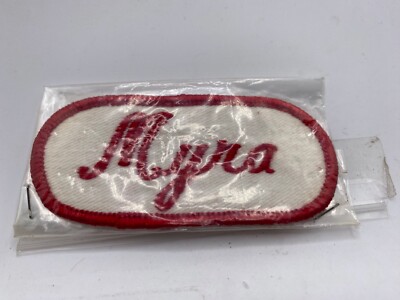 MYRA USED EMBROIDERED VINTAGE SEW ON NAME PATCH TAGS OVAL RED ON WHITE
