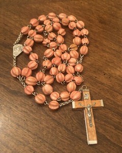 Vintage Carved Wooden Wood Our Lady Of The Rosary Italy Rosary 5 Decade Lt Brown
