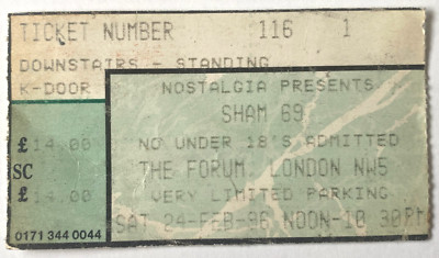 The Damned, Sham 69, ATV, 999, Chelsea - Sat 24 Feb 1996 The Forum London Ticket