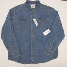 Wrangler Denim Shirt Mens Large Blue Pearl Snap Cowboy Wash NWT Western