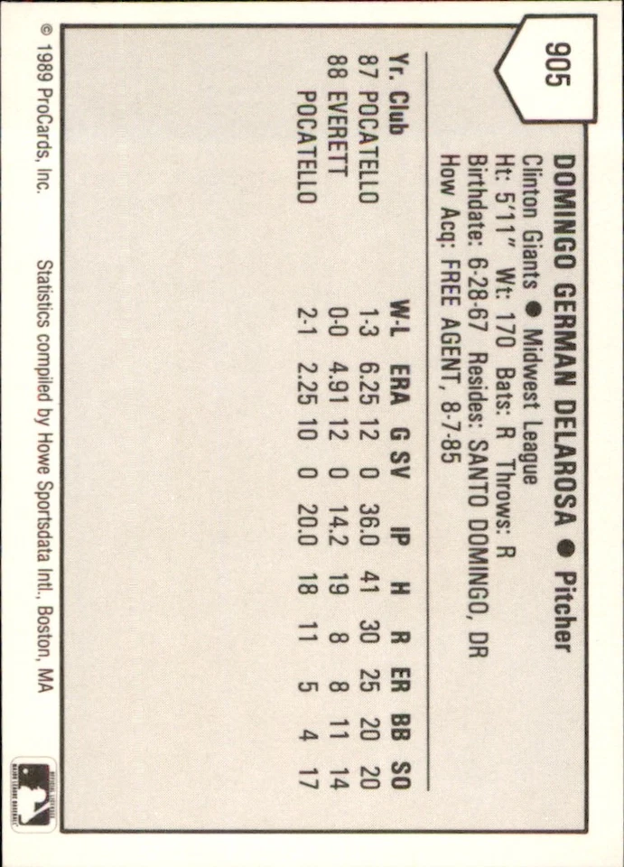 Domingo Delarosa 1989 ProCards Minor League T/S #905 RC Clinton Giants ** - Image 2 of 2