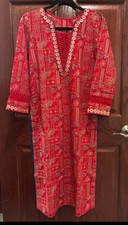 Pakistani Red Cotton Blend Embroidered Salwar Kameez Set with Dupatta for Women
